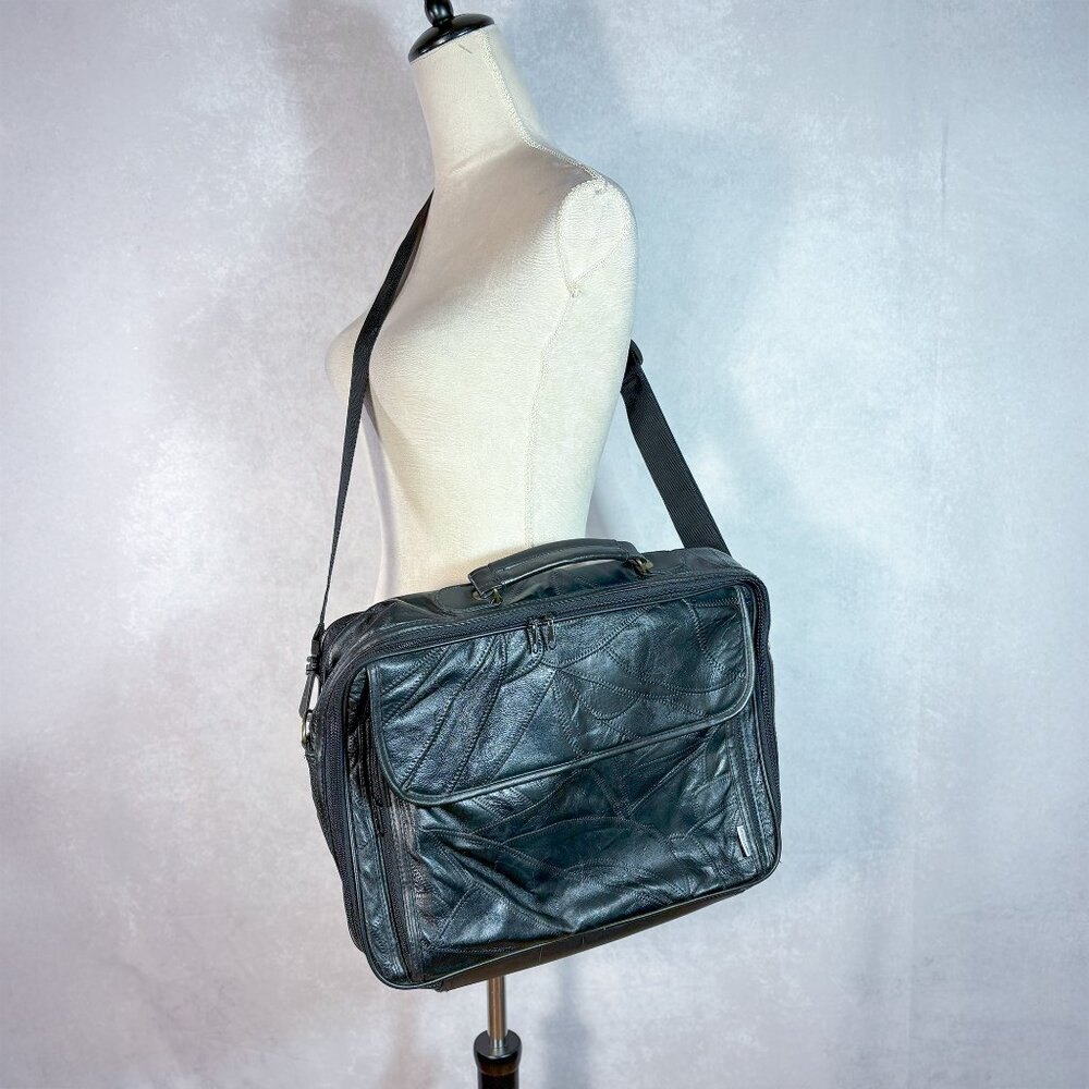 Genuine Leather Patchwork Laptop Bag Travel Office Briefcase Black
